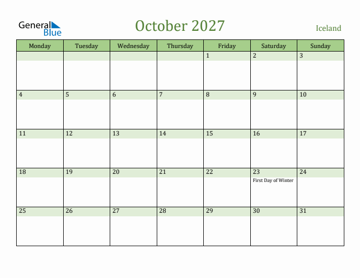 October 2027 Calendar with Iceland Holidays