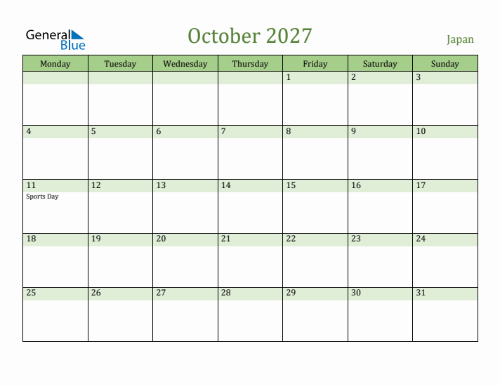 October 2027 Calendar with Japan Holidays