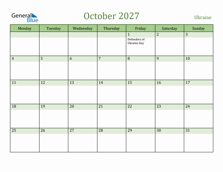 October 2027 Calendar with Ukraine Holidays