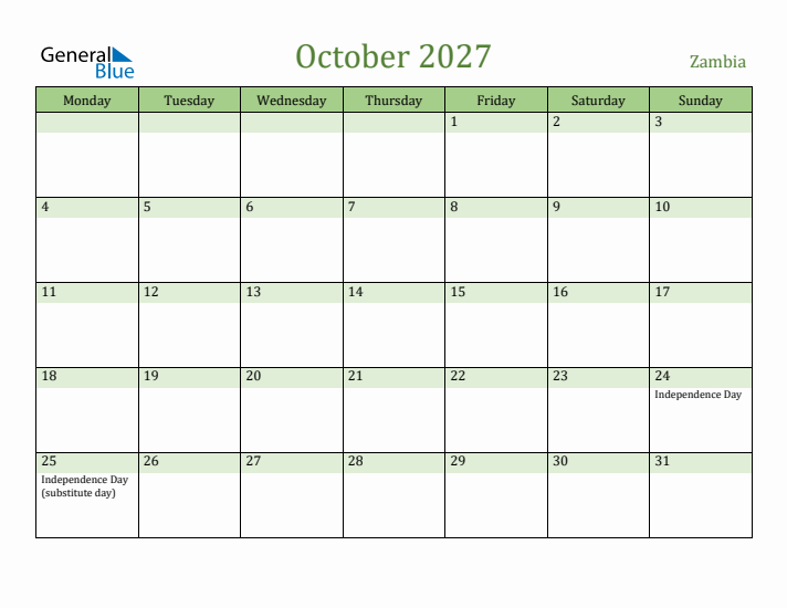 October 2027 Calendar with Zambia Holidays