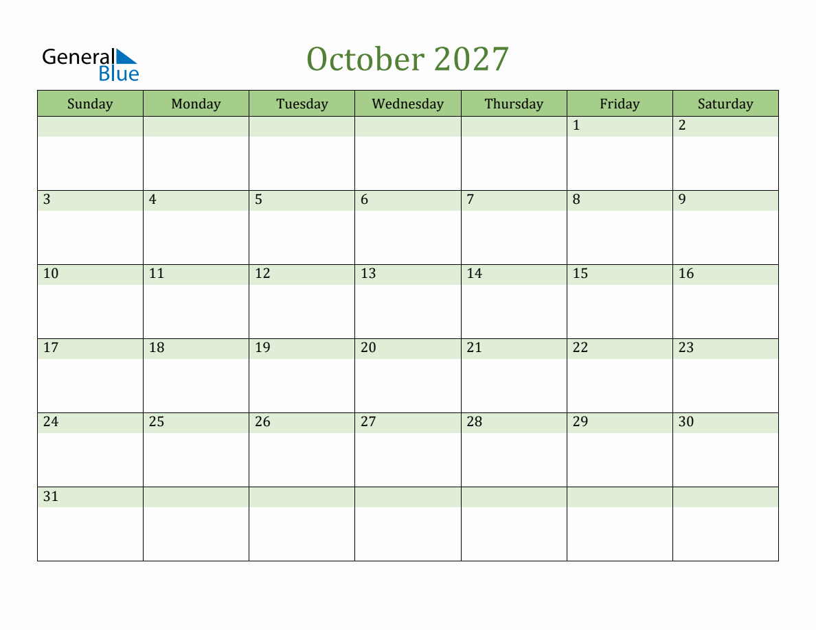 Fillable October 2027 Calendar