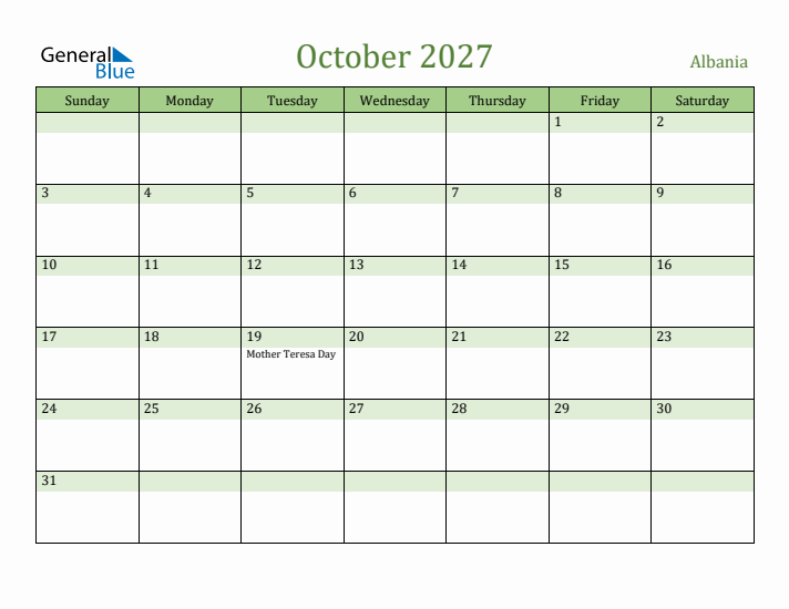 October 2027 Calendar with Albania Holidays