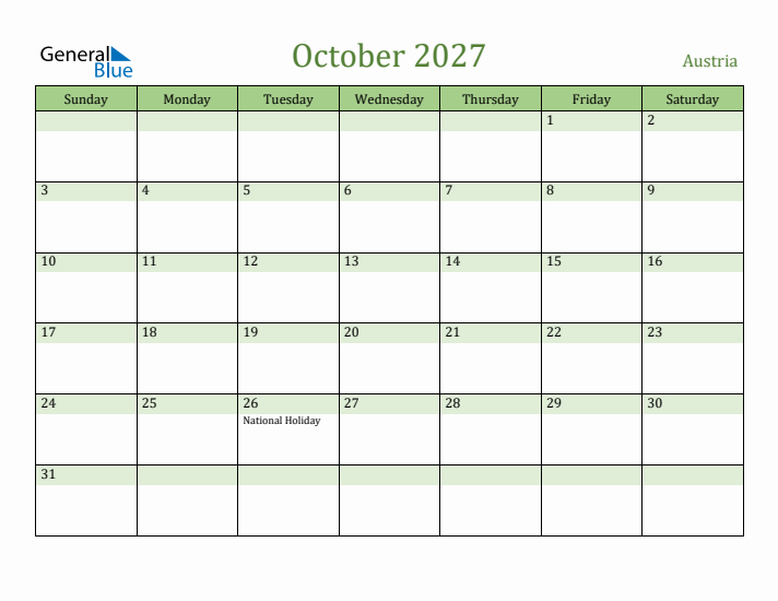 October 2027 Calendar with Austria Holidays