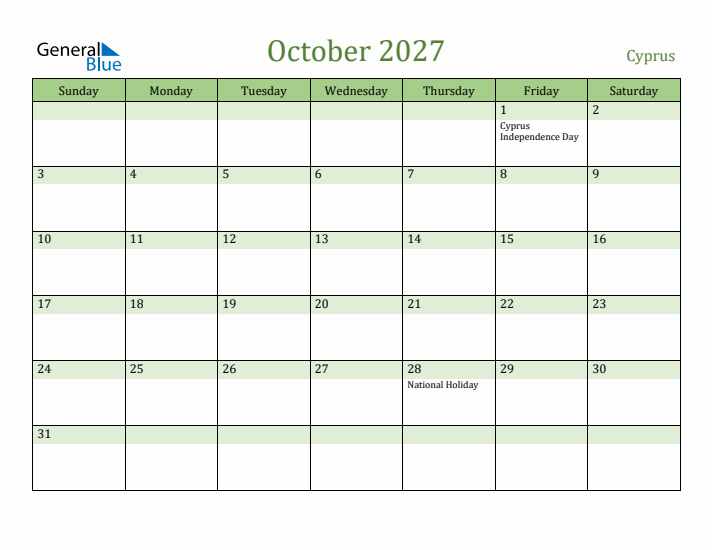 October 2027 Calendar with Cyprus Holidays