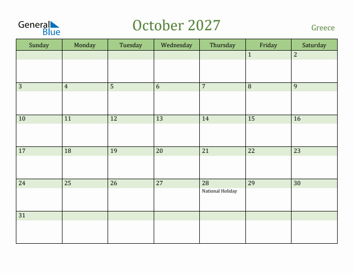 October 2027 Calendar with Greece Holidays