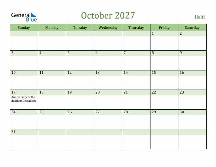 October 2027 Calendar with Haiti Holidays