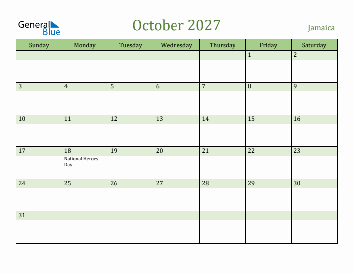 October 2027 Calendar with Jamaica Holidays