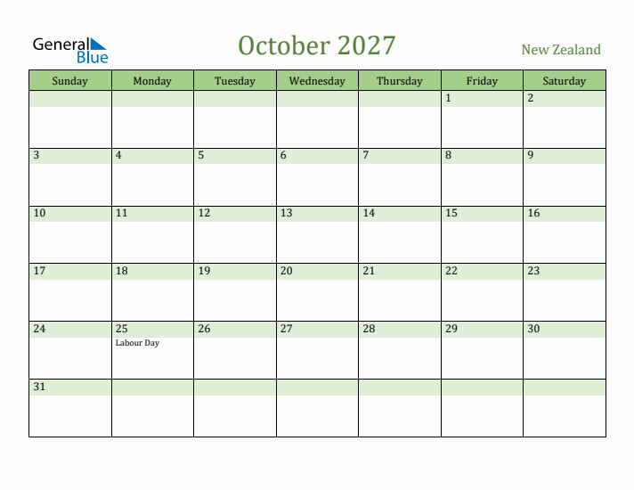 October 2027 Calendar with New Zealand Holidays