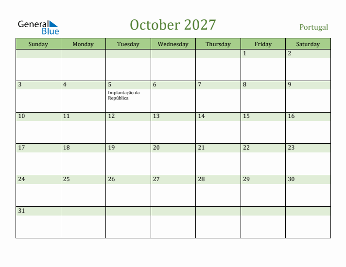 October 2027 Calendar with Portugal Holidays