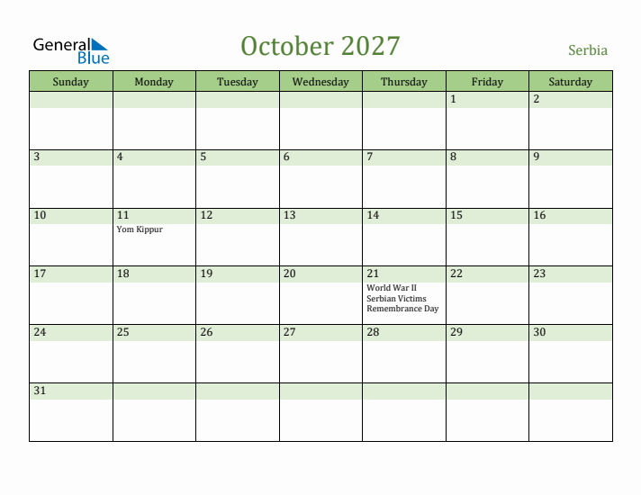 October 2027 Calendar with Serbia Holidays