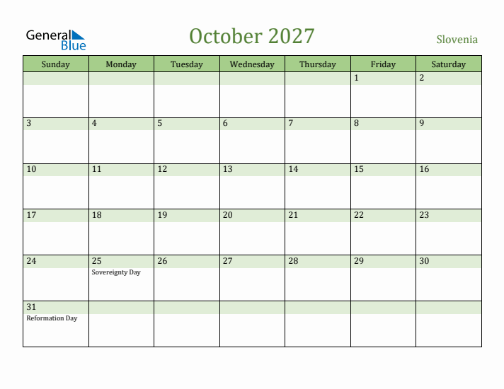 October 2027 Calendar with Slovenia Holidays