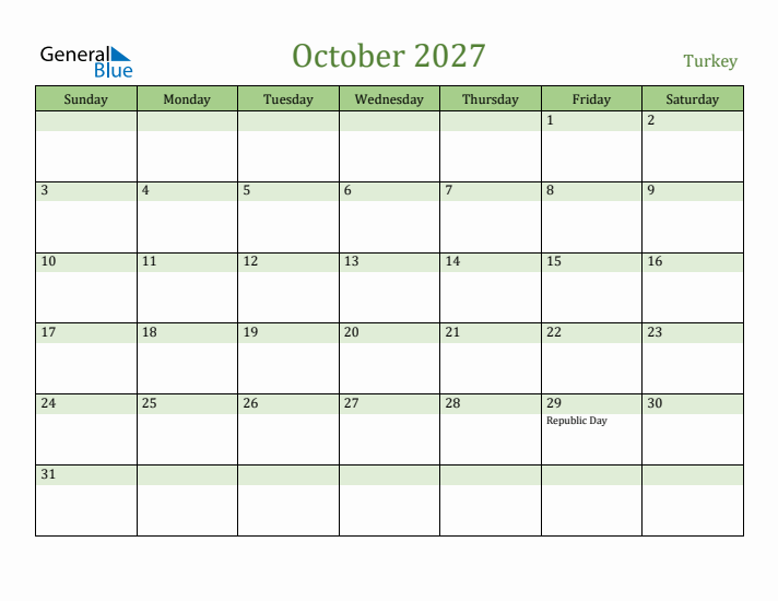 October 2027 Calendar with Turkey Holidays