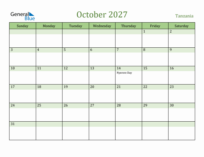 October 2027 Calendar with Tanzania Holidays