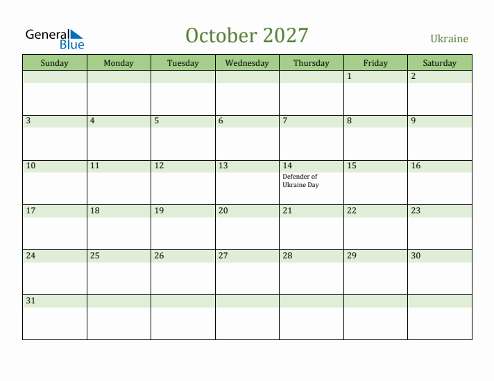 October 2027 Calendar with Ukraine Holidays
