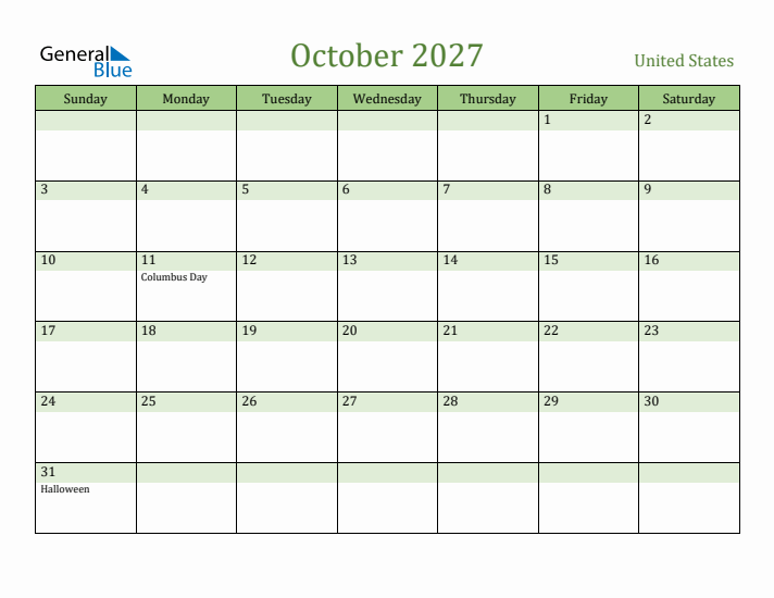 October 2027 Calendar with United States Holidays