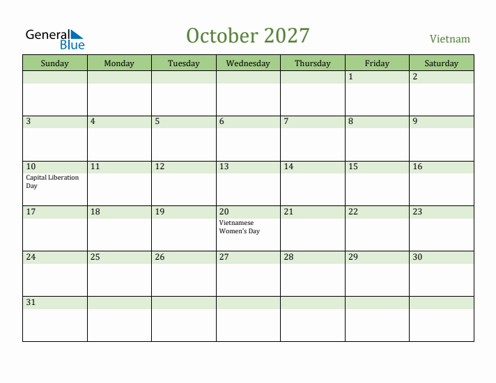 October 2027 Calendar with Vietnam Holidays