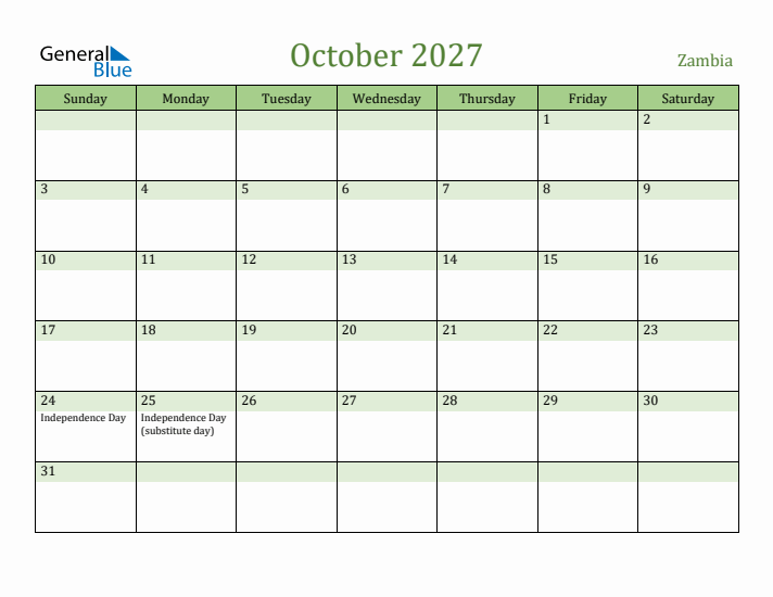 October 2027 Calendar with Zambia Holidays