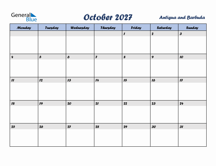 October 2027 Calendar with Holidays in Antigua and Barbuda