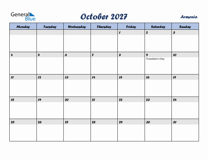 October 2027 Calendar with Holidays in Armenia