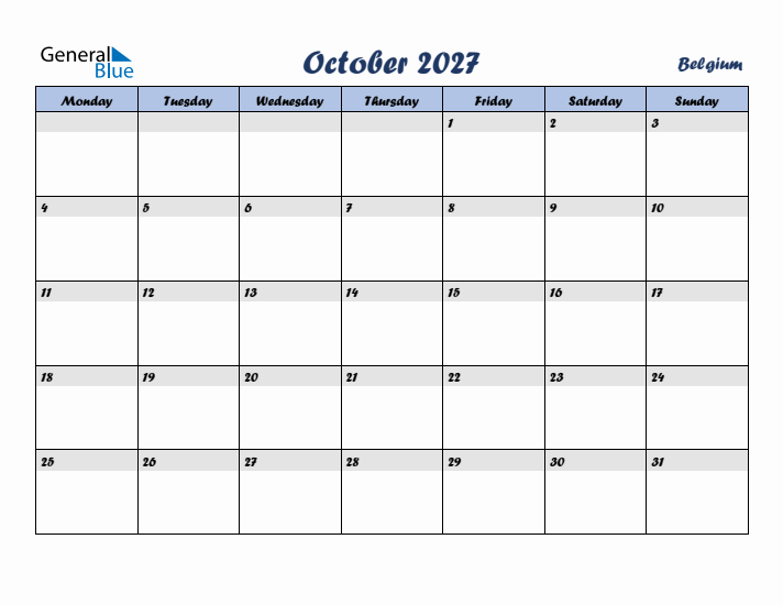 October 2027 Calendar with Holidays in Belgium