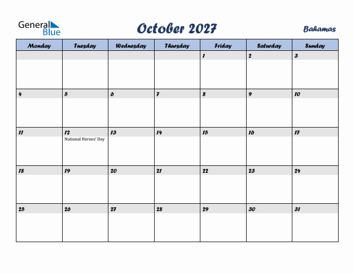 October 2027 Calendar with Holidays in Bahamas