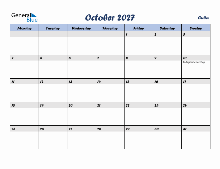 October 2027 Calendar with Holidays in Cuba