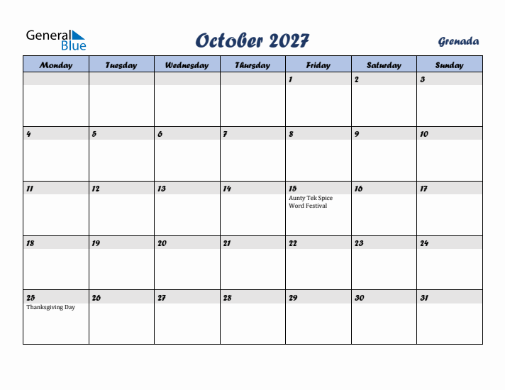October 2027 Calendar with Holidays in Grenada