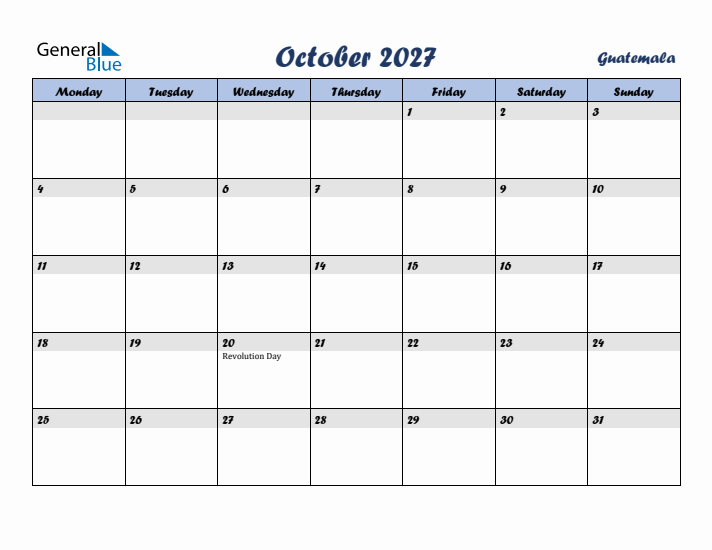 October 2027 Calendar with Holidays in Guatemala