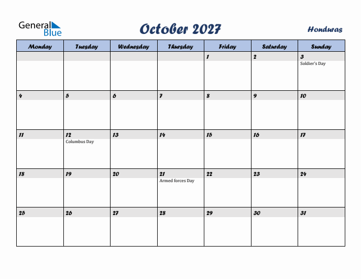 October 2027 Calendar with Holidays in Honduras