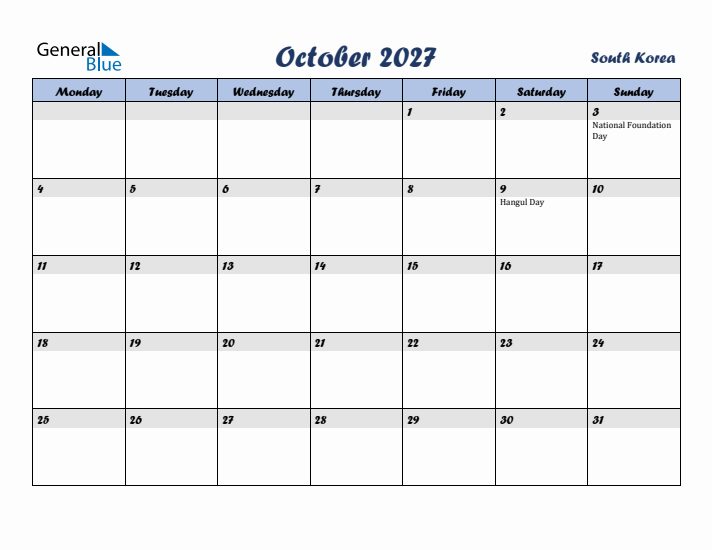 October 2027 Calendar with Holidays in South Korea