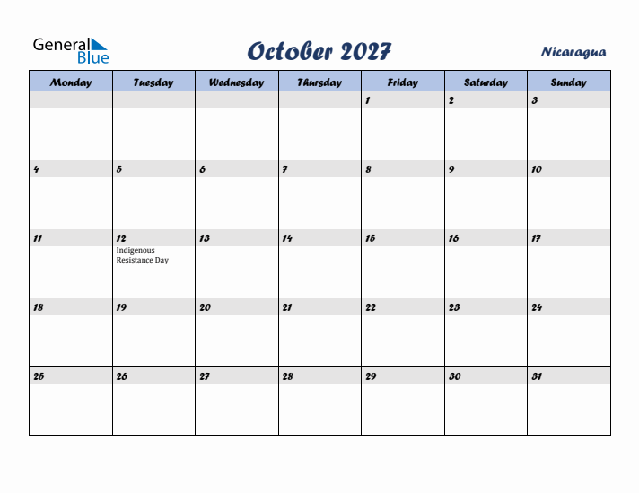 October 2027 Calendar with Holidays in Nicaragua