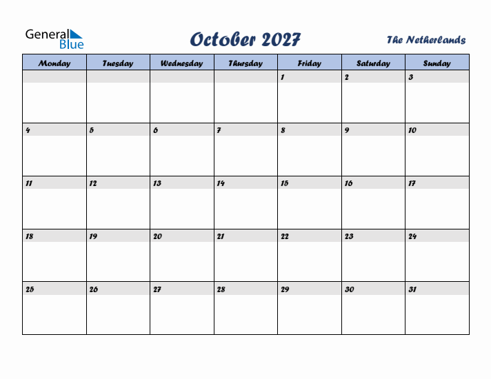 October 2027 Calendar with Holidays in The Netherlands