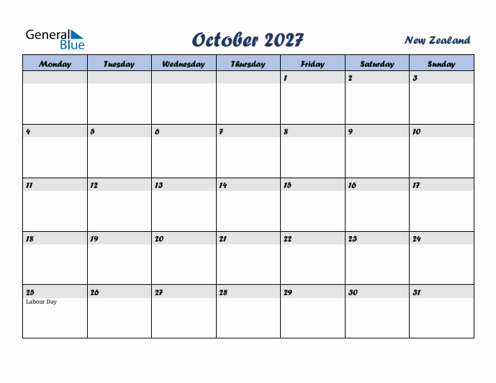 October 2027 Calendar with Holidays in New Zealand