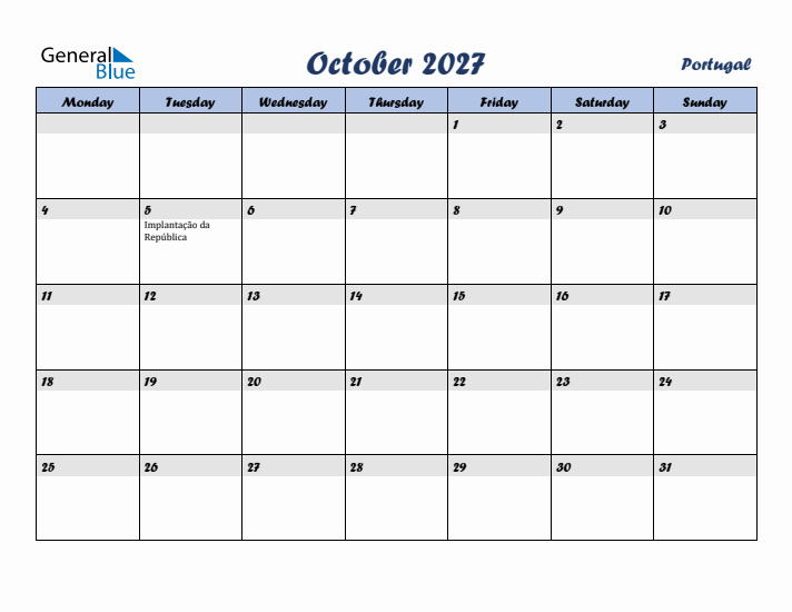 October 2027 Calendar with Holidays in Portugal