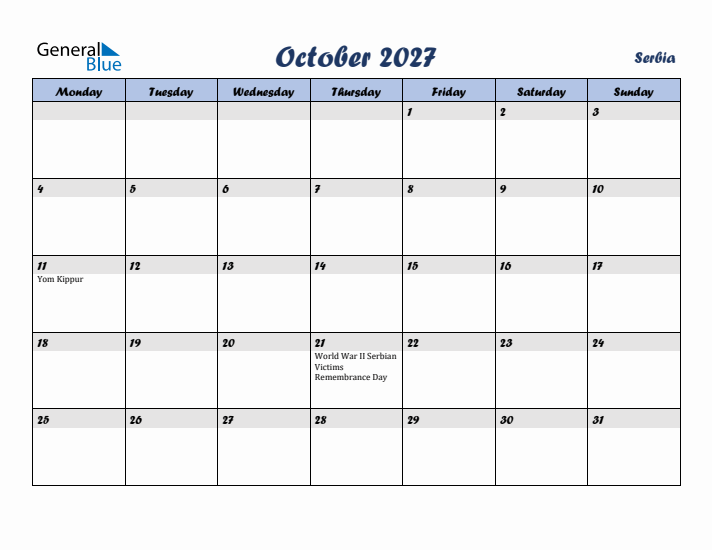 October 2027 Calendar with Holidays in Serbia