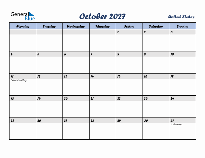 October 2027 Calendar with Holidays in United States