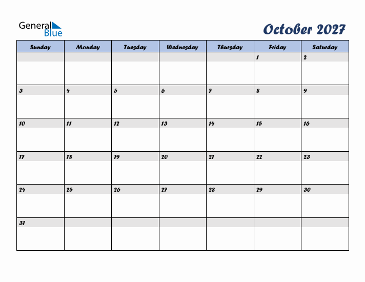 October 2027 Blue Calendar (Sunday Start)