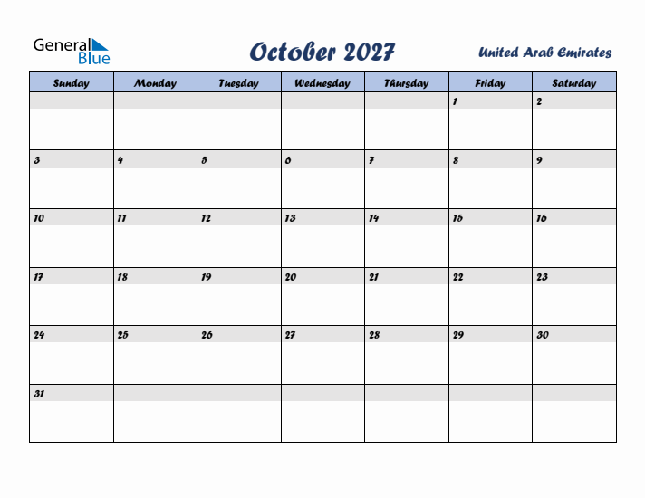 October 2027 Calendar with Holidays in United Arab Emirates