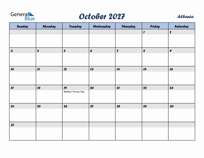 October 2027 Calendar with Holidays in Albania