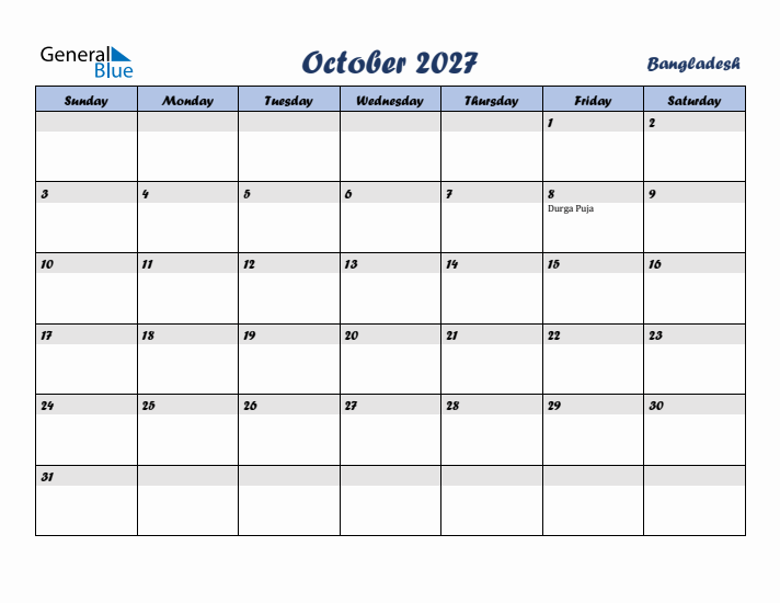 October 2027 Calendar with Holidays in Bangladesh
