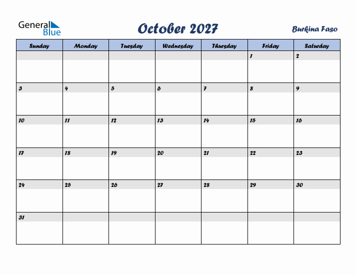 October 2027 Calendar with Holidays in Burkina Faso