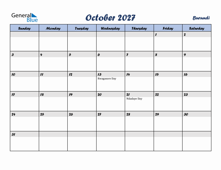 October 2027 Calendar with Holidays in Burundi