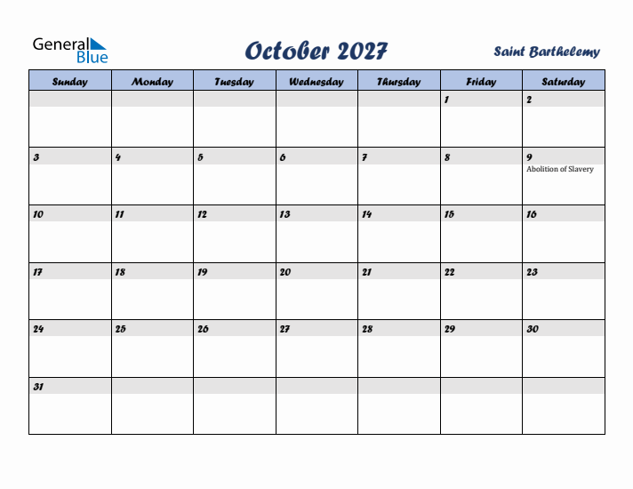 October 2027 Calendar with Holidays in Saint Barthelemy