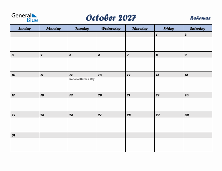 October 2027 Calendar with Holidays in Bahamas