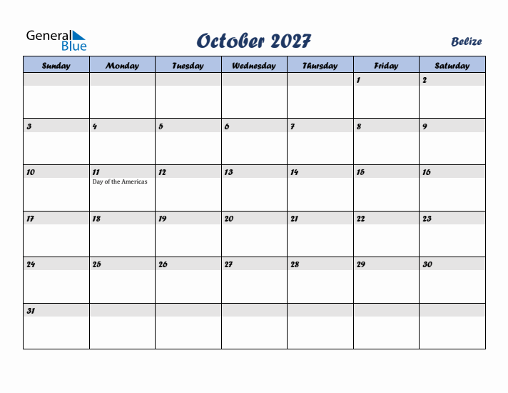 October 2027 Calendar with Holidays in Belize