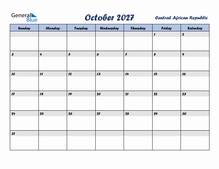 October 2027 Calendar with Holidays in Central African Republic