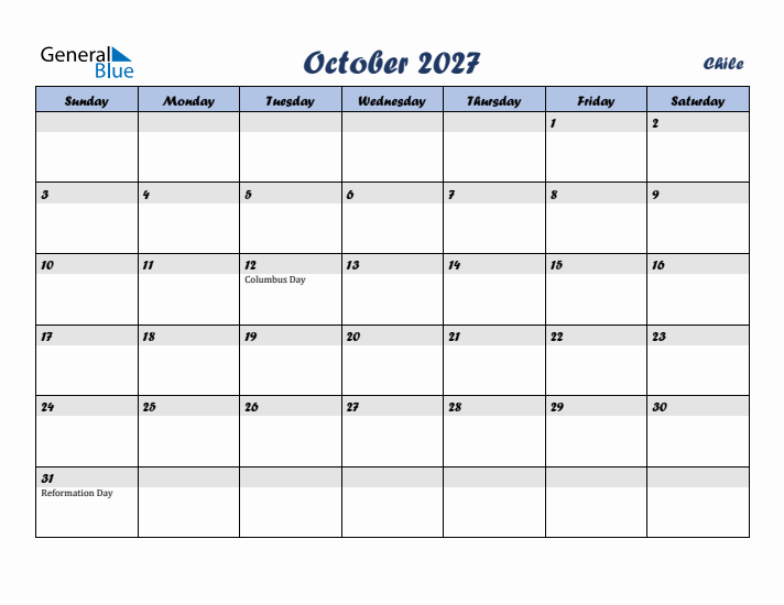 October 2027 Calendar with Holidays in Chile