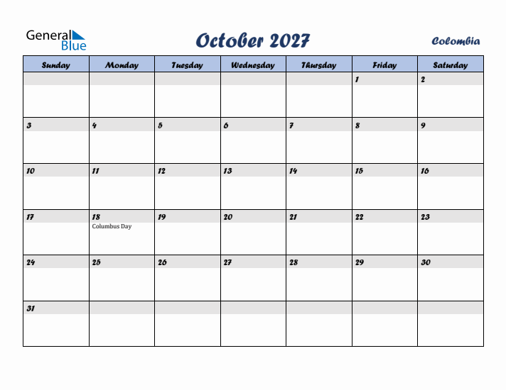 October 2027 Calendar with Holidays in Colombia
