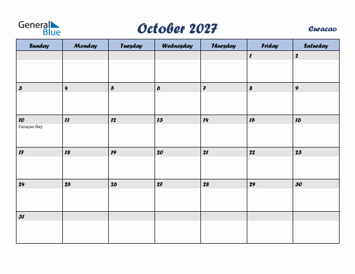 October 2027 Calendar with Holidays in Curacao