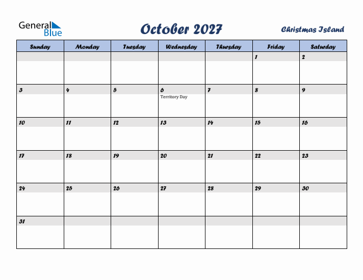 October 2027 Calendar with Holidays in Christmas Island